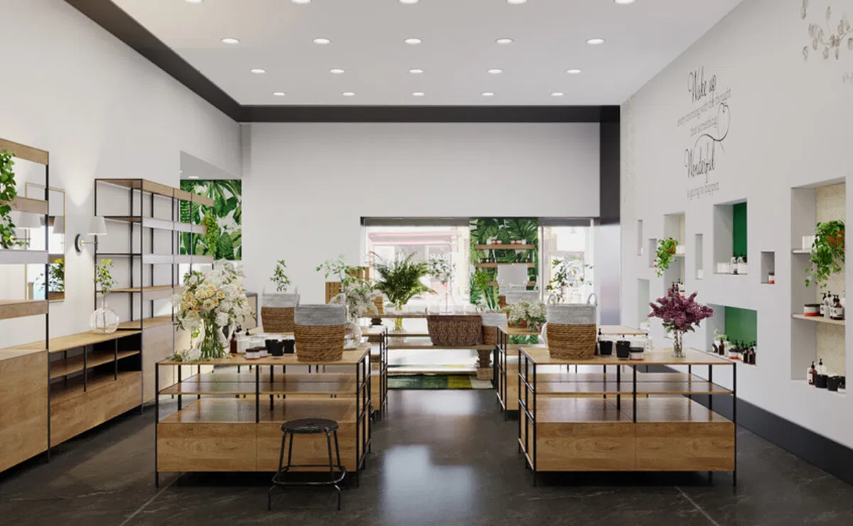 natural eclectic cosmetic store interior rendering